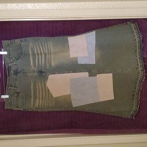 Long denim and suede patchwork pencil skirt